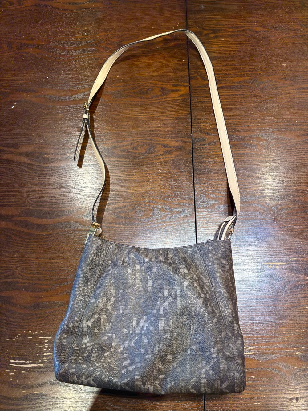 Michael Kors Brown MK Monogram Crossbody with Beige Strap